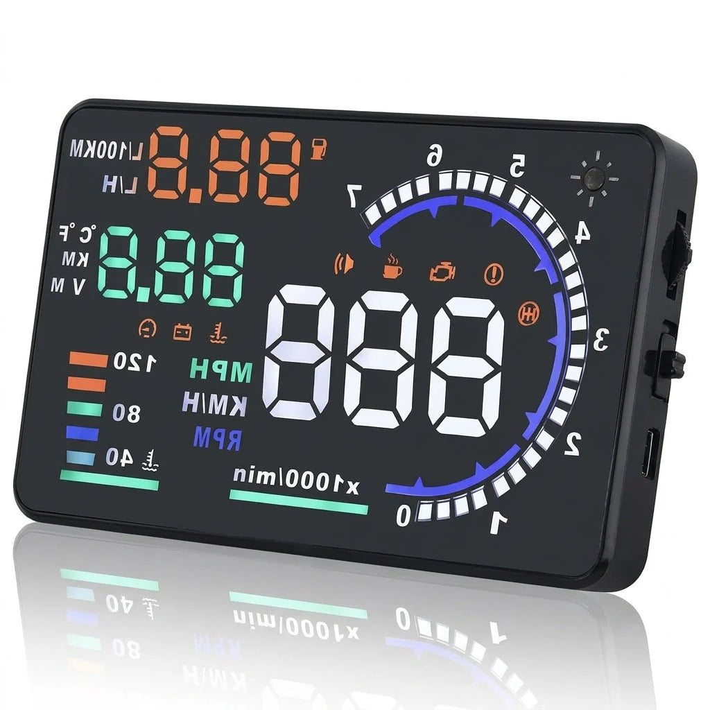 A digital car heads-up display unit showing speed, RPM, and engine diagnostics on a black screen with a reflective base.