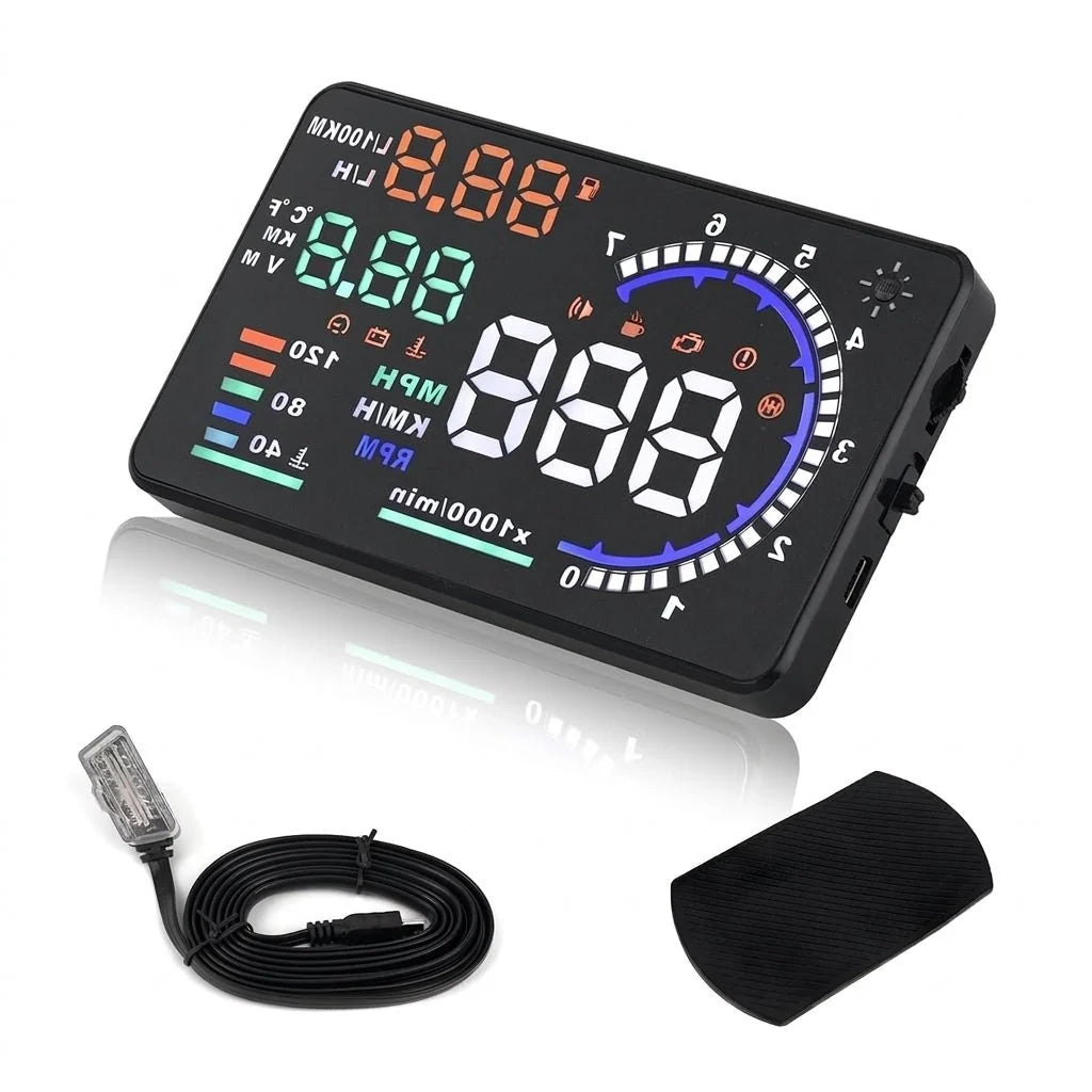 A digital car heads-up display unit with a 5.5-inch screen, including a connection cable and a non-slip mounting pad.