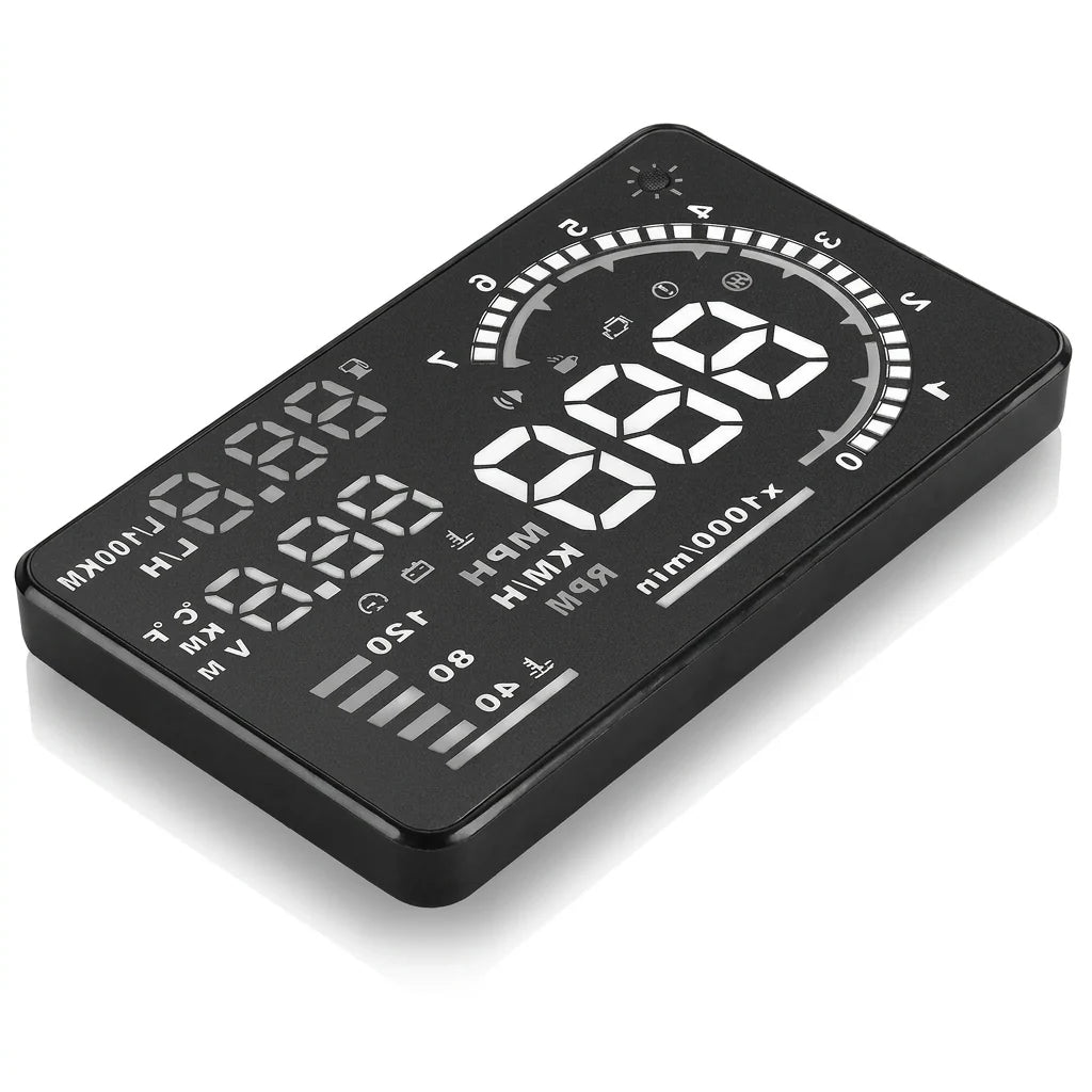 A sleek black digital car heads-up display unit showing various performance metrics like speed and engine revolutions.