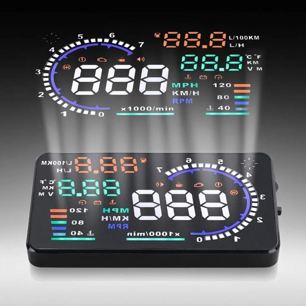 A digital car heads-up display unit showing a projected speedometer, tachometer, and various vehicle performance metrics.