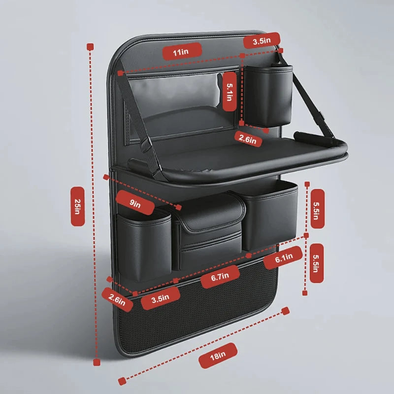 A black car seat organiser featuring a foldable tray, tablet holder, and multiple storage pockets with dimensions shown.