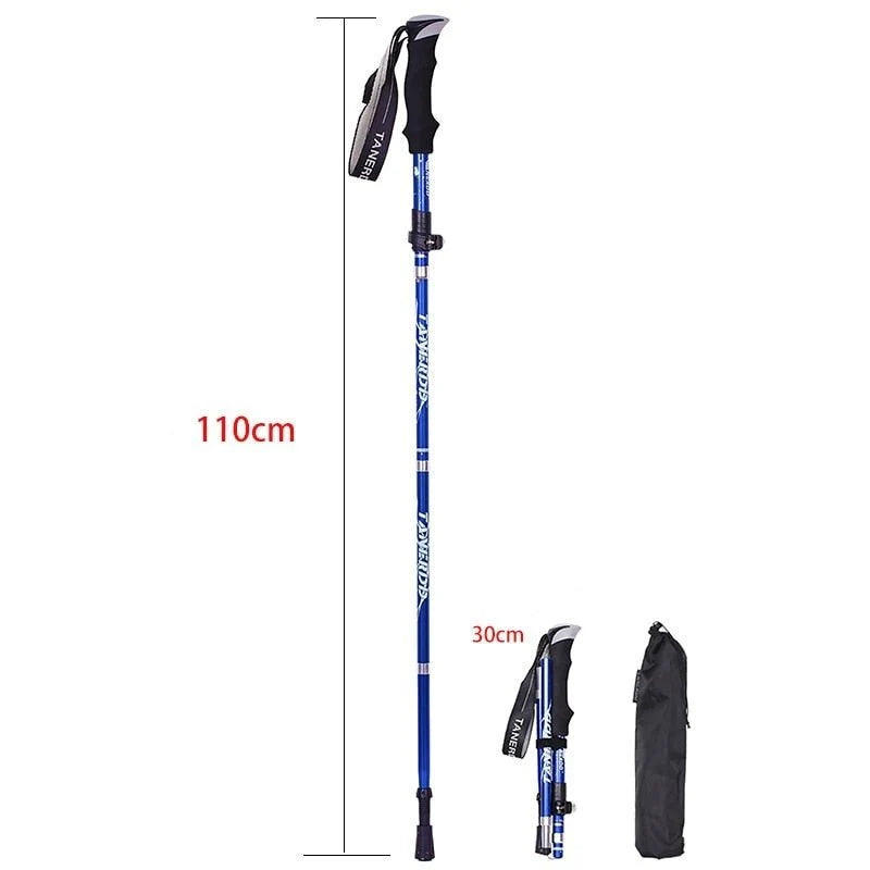 A blue telescopic trekking pole shown fully extended at 110cm and folded at 30cm next to its black storage bag.