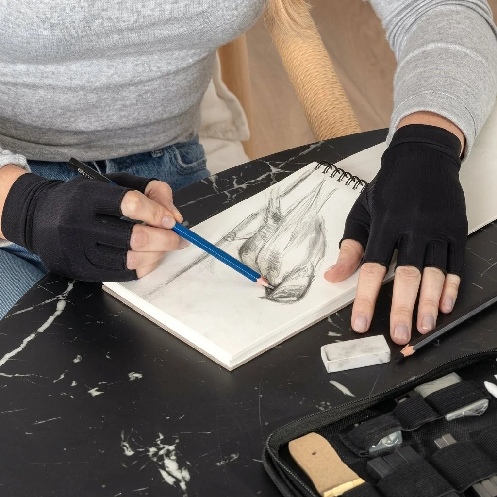 A person wearing black compression gloves with an open-finger design while sketching a bird in a notebook on a marble table.