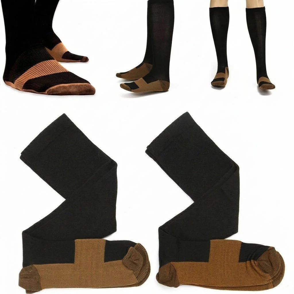 A pair of black compression socks with brown reinforced heels and toes, shown worn on legs and laid flat.