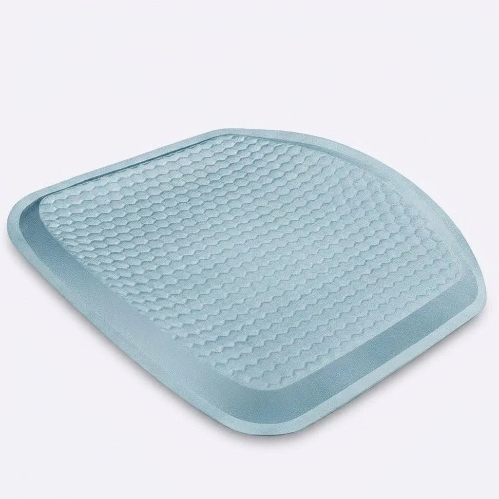 A light blue, contoured cooling gel car seat cushion with a textured, honeycomb-patterned surface.
