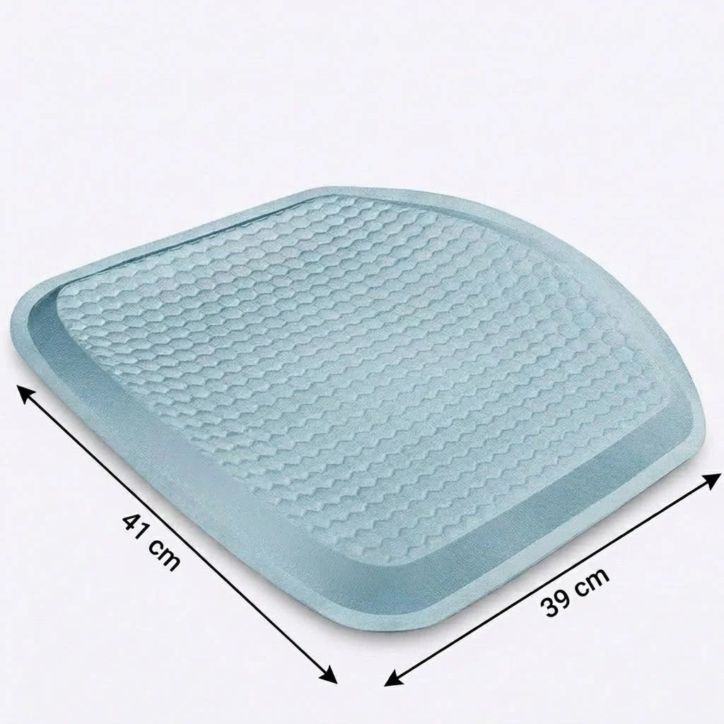 A light blue, textured cooling gel car seat cushion with dimensions of 41 cm by 39 cm shown against a white background.