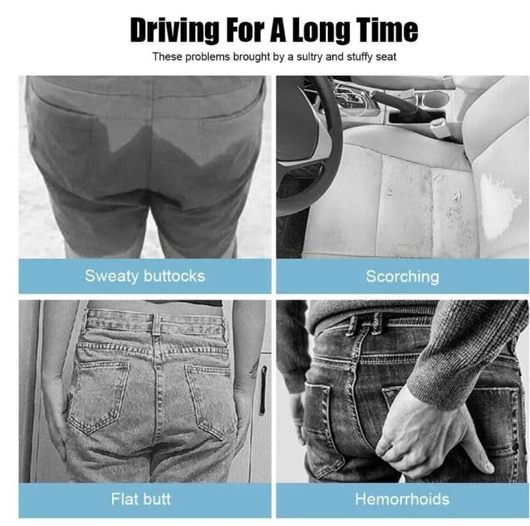 A four-part diagram illustrating common discomforts from long drives, such as sweaty clothes, hot seats, and physical pain.