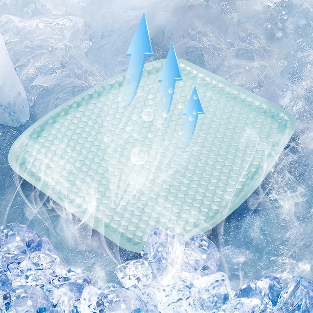 A light blue honeycomb-patterned cooling gel seat cushion resting on a bed of ice cubes with rising vapour.