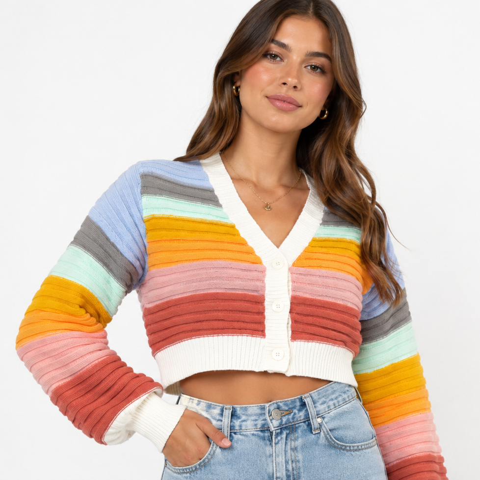 Cropped Women's Cardigan – Rainbow Stripes with V-Neck for Casual Layering 0
