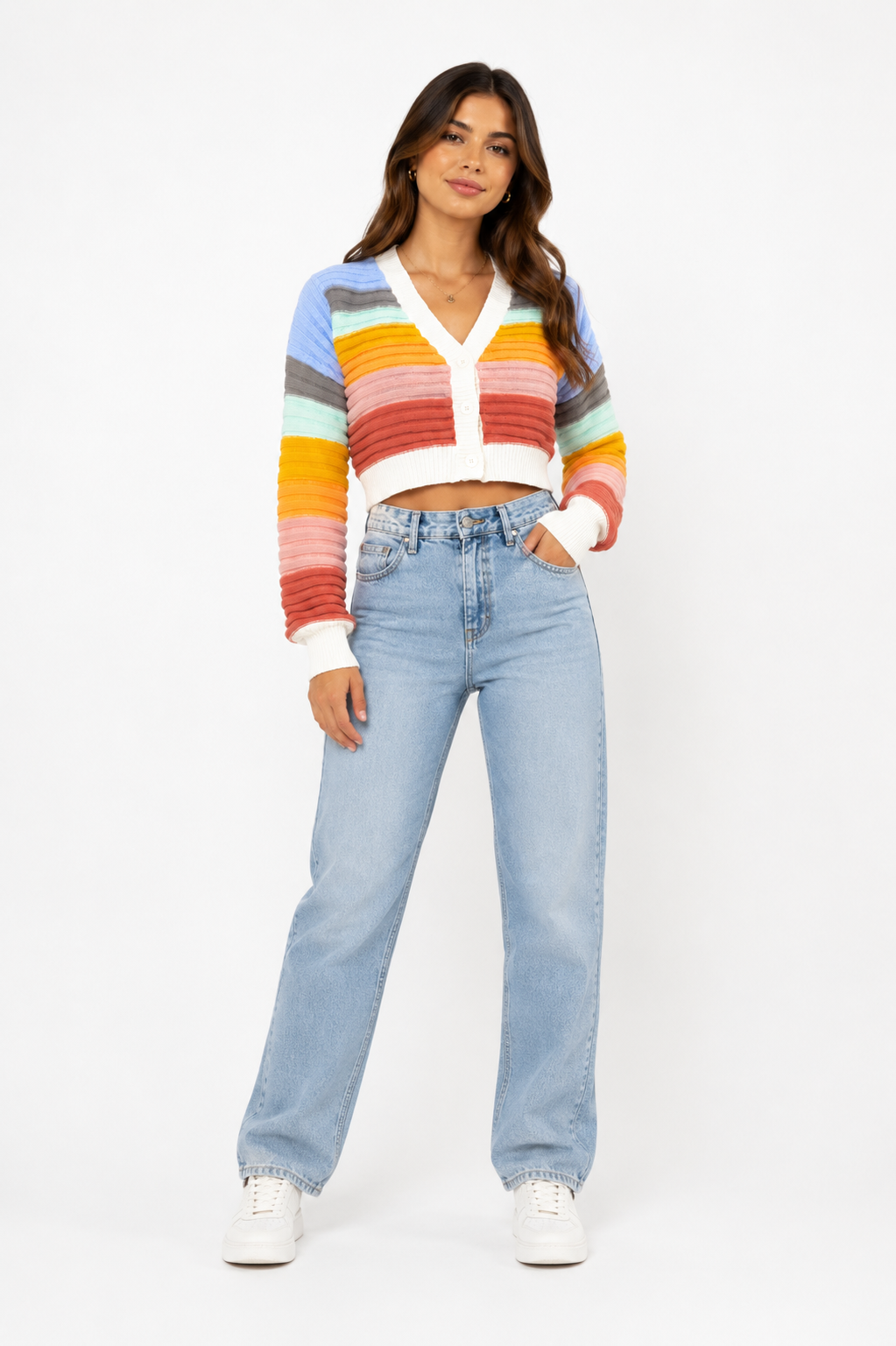 Cropped Women's Cardigan – Rainbow Stripes with V-Neck for Casual Layering 2