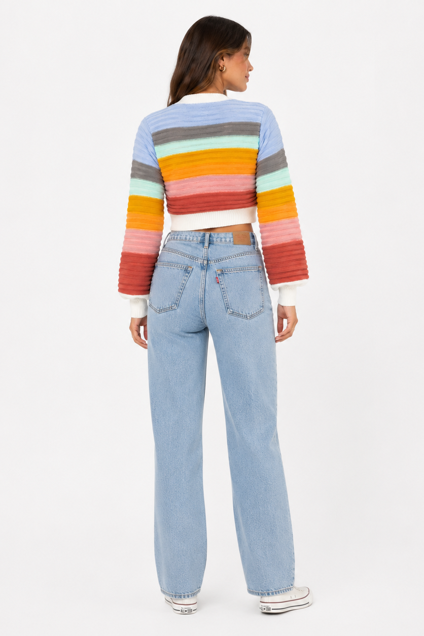 Cropped Women's Cardigan – Rainbow Stripes with V-Neck for Casual Layering 3