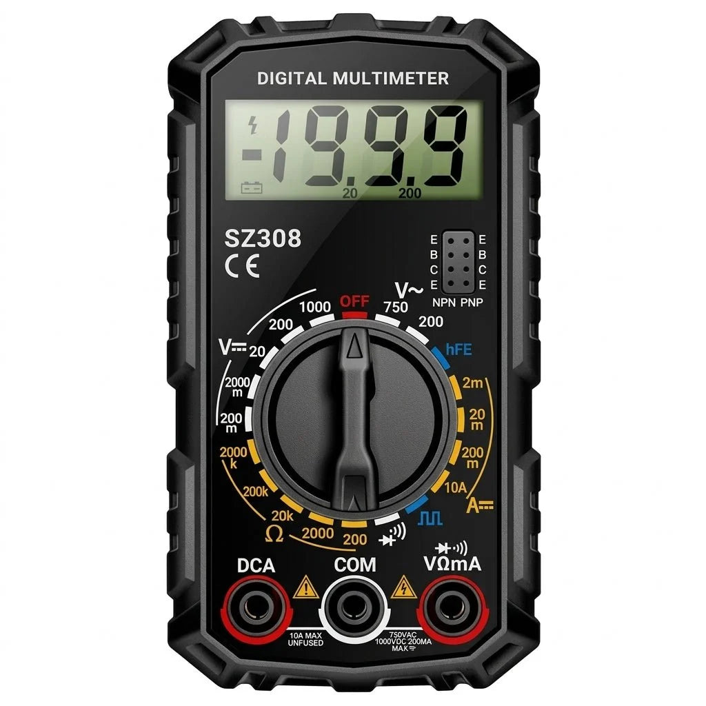 A black digital multimeter with a central rotary dial, LCD screen, and input ports for electrical testing.