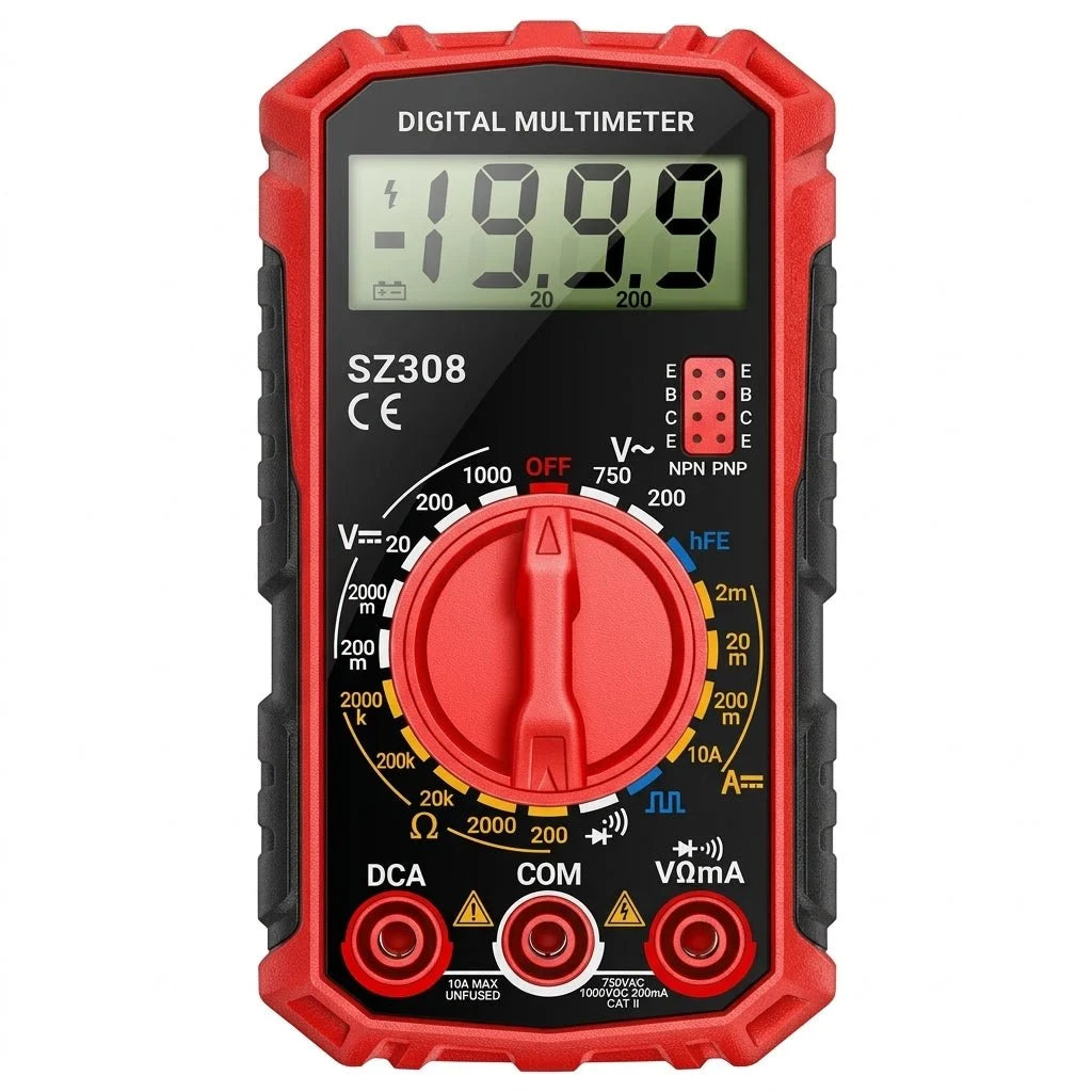 A red and black digital multimeter with a central rotary dial, featuring various voltage, current, and resistance settings.