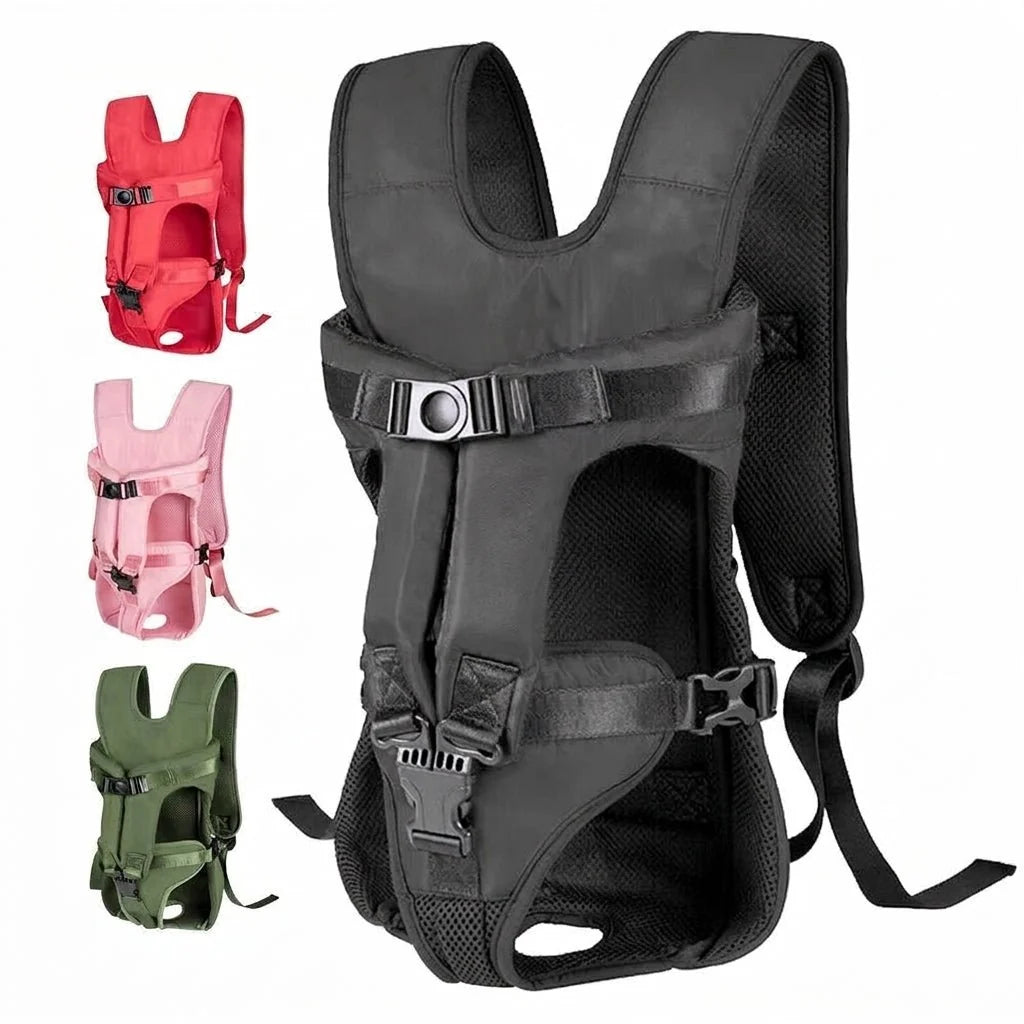A black dog carrier backpack shown alongside smaller versions in red, pink, and olive green, featuring adjustable straps.