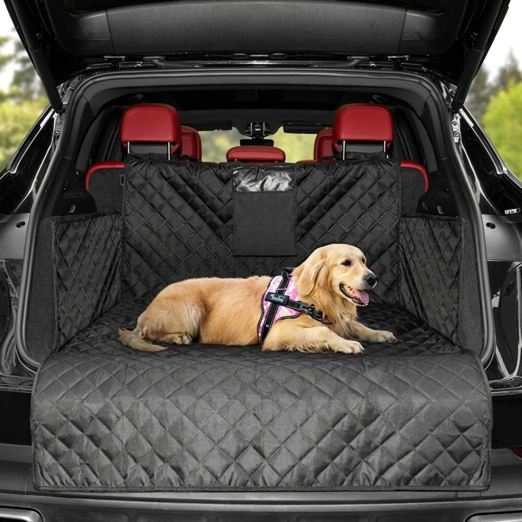 A golden retriever wearing a pink harness lying on a black quilted waterproof boot liner inside an SUV trunk.