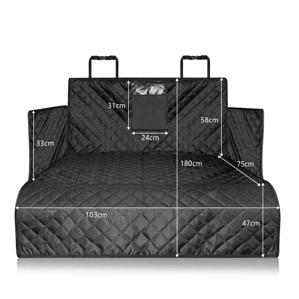 A black quilted waterproof dog car seat cover for an SUV trunk, showing various dimensions in centimetres.
