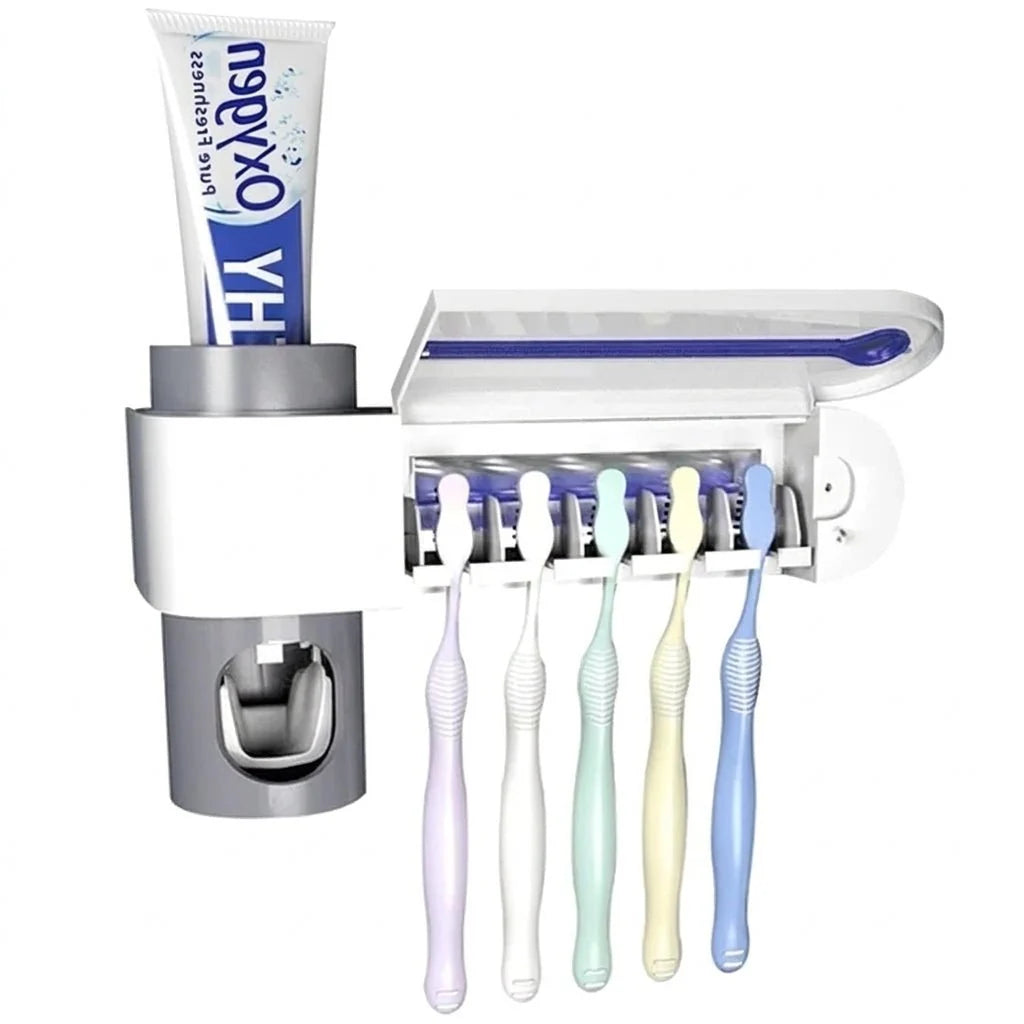 A wall-mounted bathroom organiser featuring a UV steriliser for five toothbrushes and an integrated toothpaste dispenser.