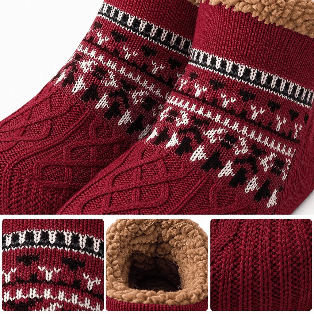 Close-up of thick, burgundy cable-knit winter socks with a soft, tan fleece lining and a patterned cuff.