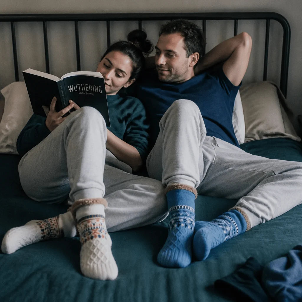 A couple relaxing on a bed, wearing cosy fleece-lined grip socks for winter, while reading a book together.