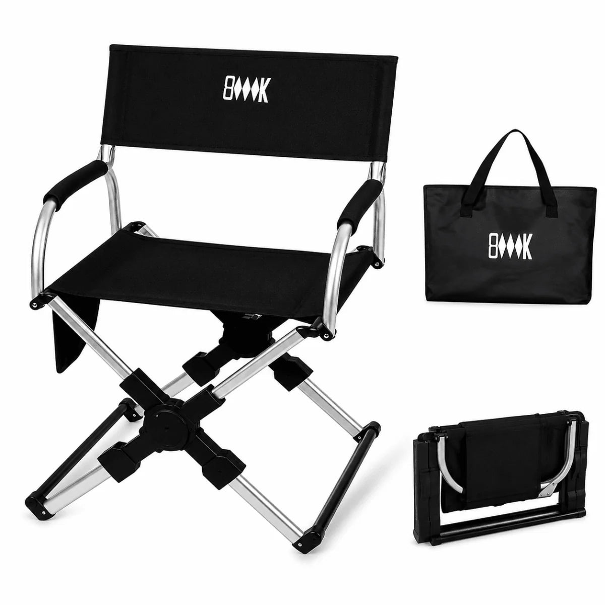 A black folding fishing chair with an aluminium frame, shown assembled, folded, and with its matching carry bag.