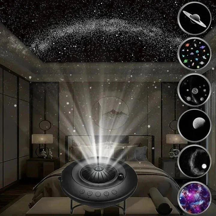 A galaxy projector sitting on a table, casting a starry night sky effect onto the ceiling of a modern bedroom.