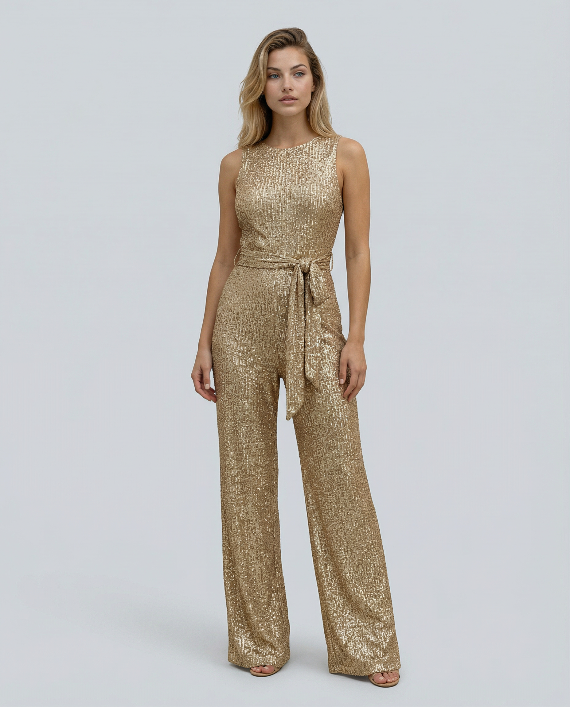Gold Sequin Evening Jumpsuit for Women – Wide Leg Design with Waist Tie for Formal Wear 0