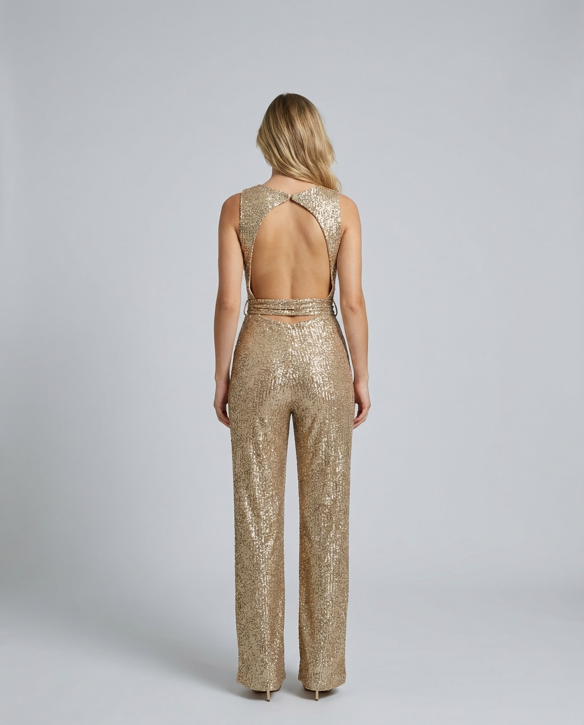 Gold Sequin Evening Jumpsuit for Women – Wide Leg Design with Waist Tie for Formal Wear 2
