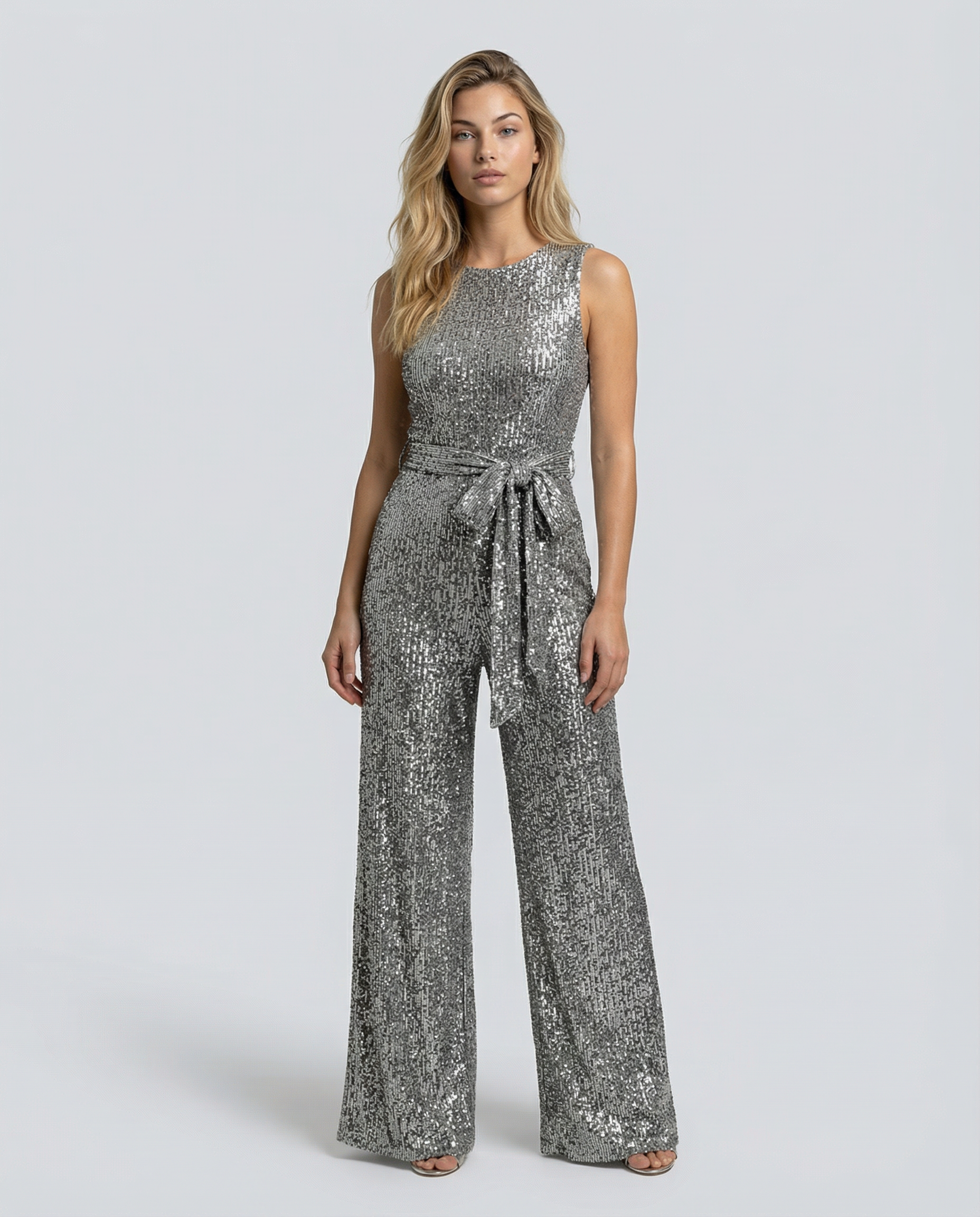 Gold Sequin Evening Jumpsuit for Women – Wide Leg Design with Waist Tie for Formal Wear 9