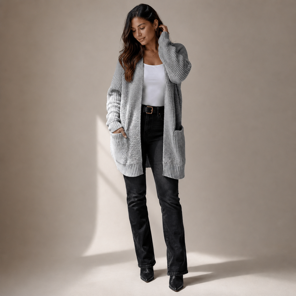 Long Cardigan for Women – Longline Open Front with Textured Knit and Pockets
