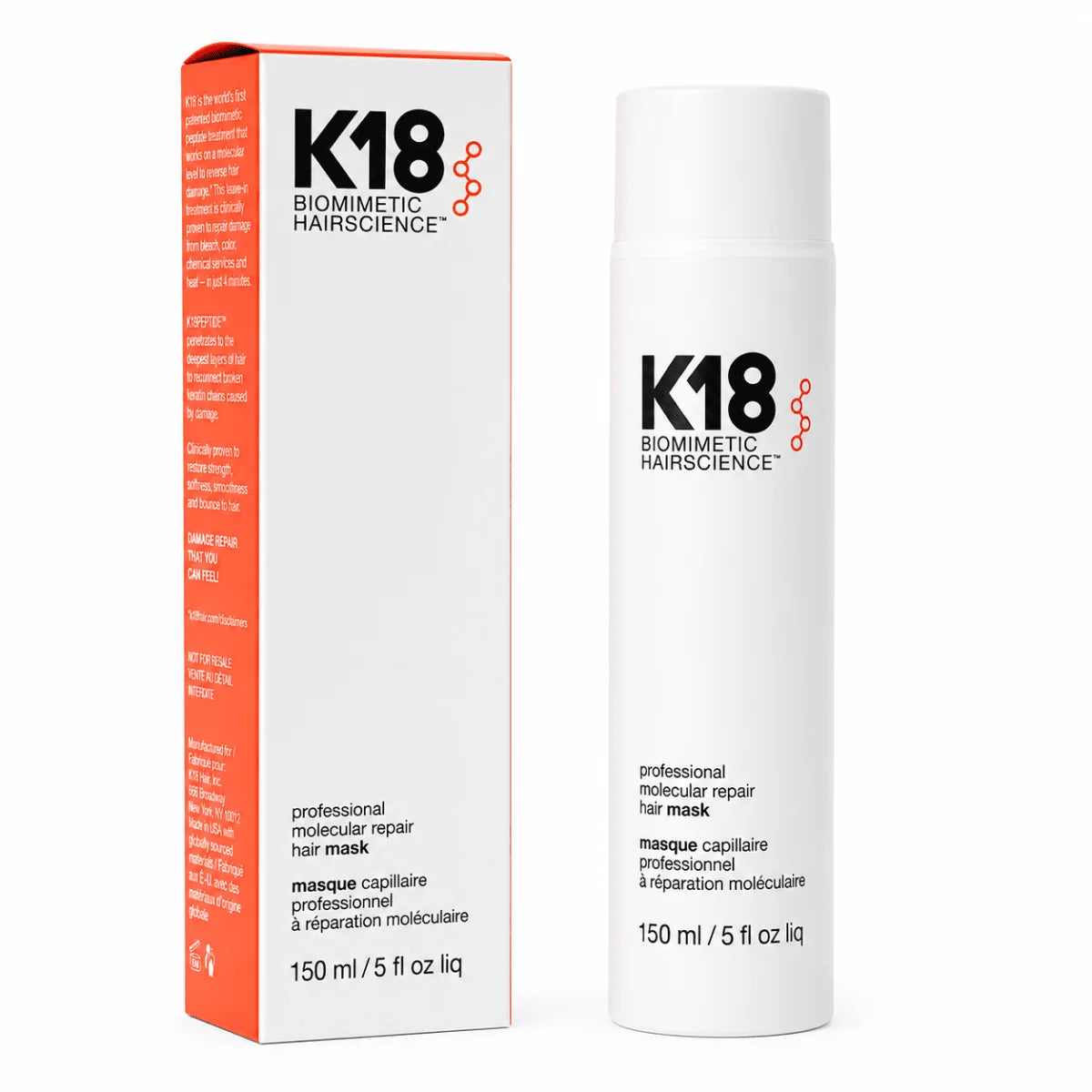 A white bottle and its orange-and-white box of K18 professional molecular repair hair mask, standing on a white background.