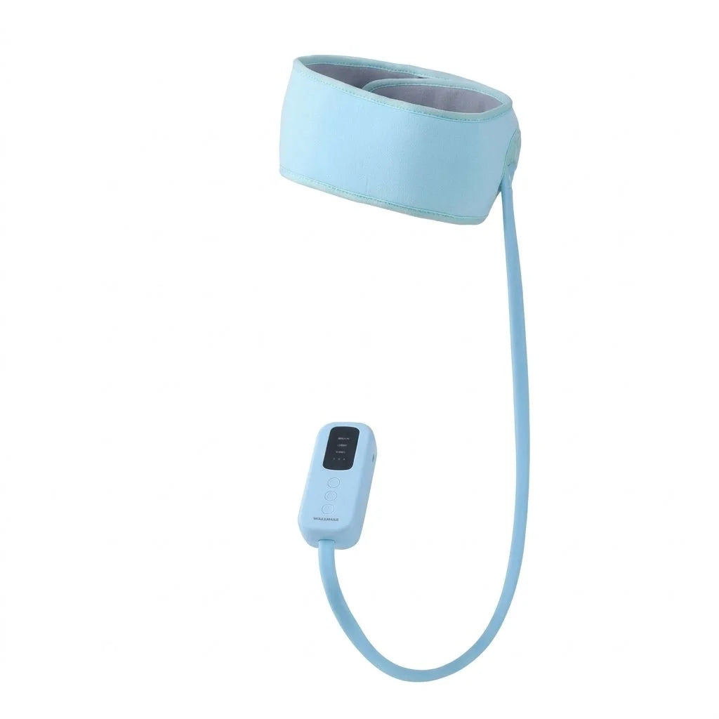 A light blue 360-degree air compression head massager with a handheld controller attached by a long cord.