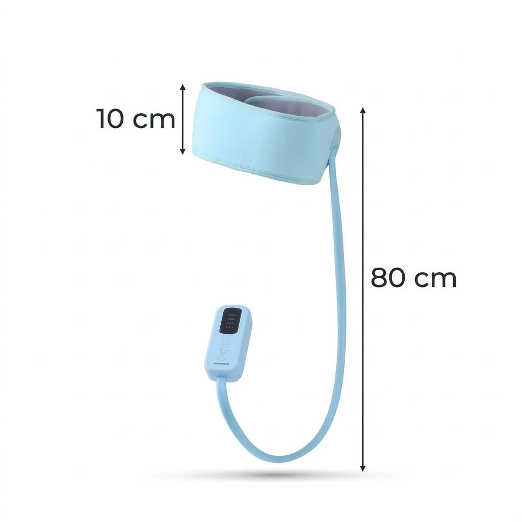 A light blue head massager with a control unit, showing dimensions of 10 cm for the band width and 80 cm for the total length.