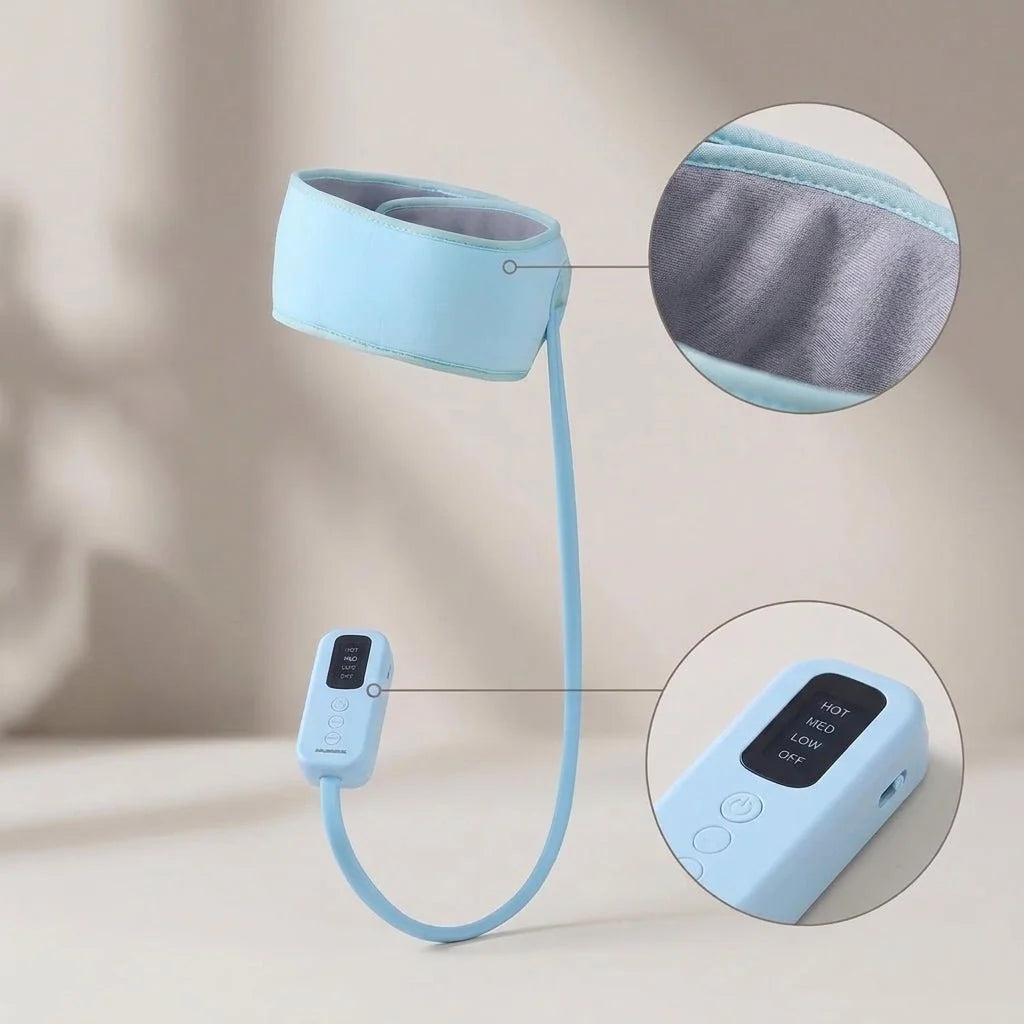 A light blue wearable head massager with a remote control showing heat settings for hot, medium, low, and off.