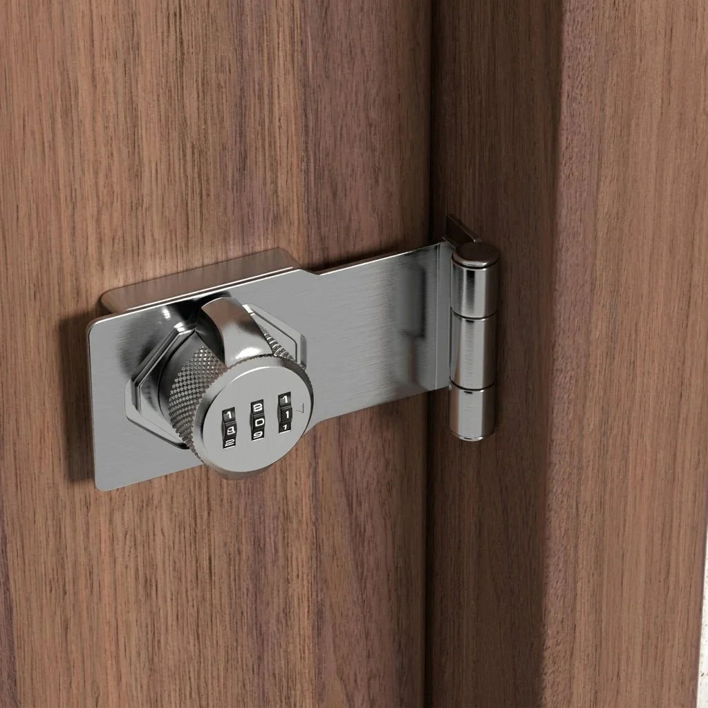 A close-up of a brushed metal combination lock mounted on a wooden door frame, showing three dials set to 1, 0, and 1.