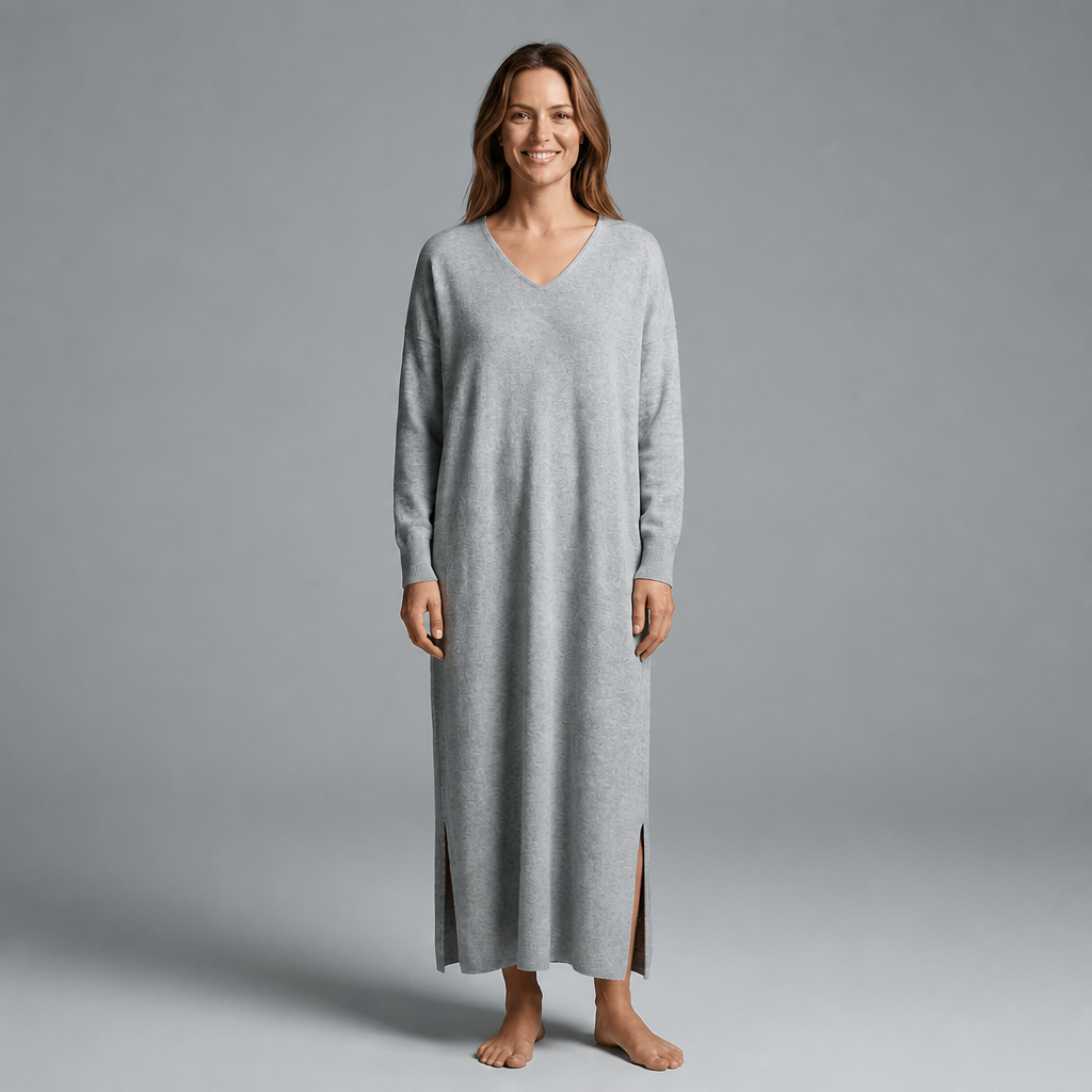 Knit Maxi Dress – Long Sleeve V-Neck Casual Wear with Side Slits