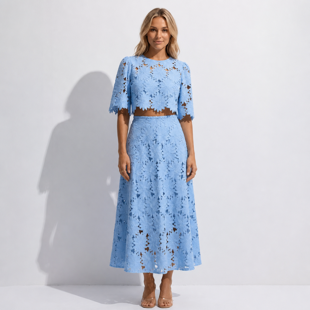 Lace Midi Dress Set – Floral Two-Piece Summer Dress for Weddings and Garden Parties