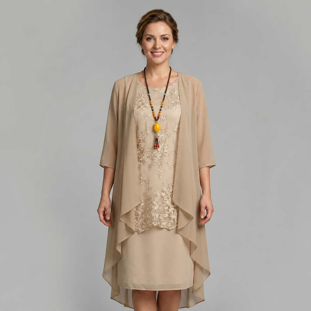 Layered Chiffon Midi Dress with Lace Overlay for Summer Cocktail Events