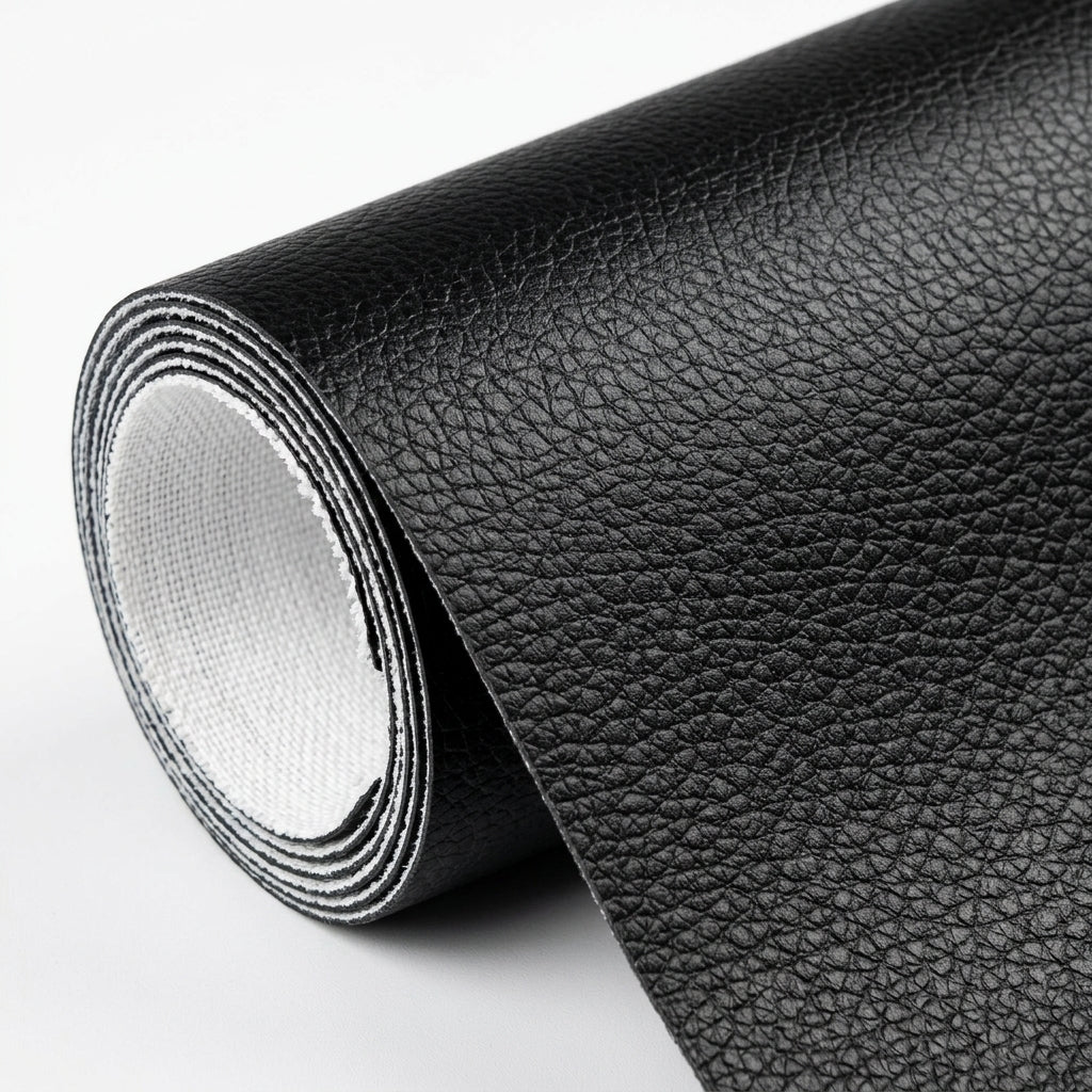 A roll of black self-adhesive leather repair patch material with a textured surface and a white fabric backing.