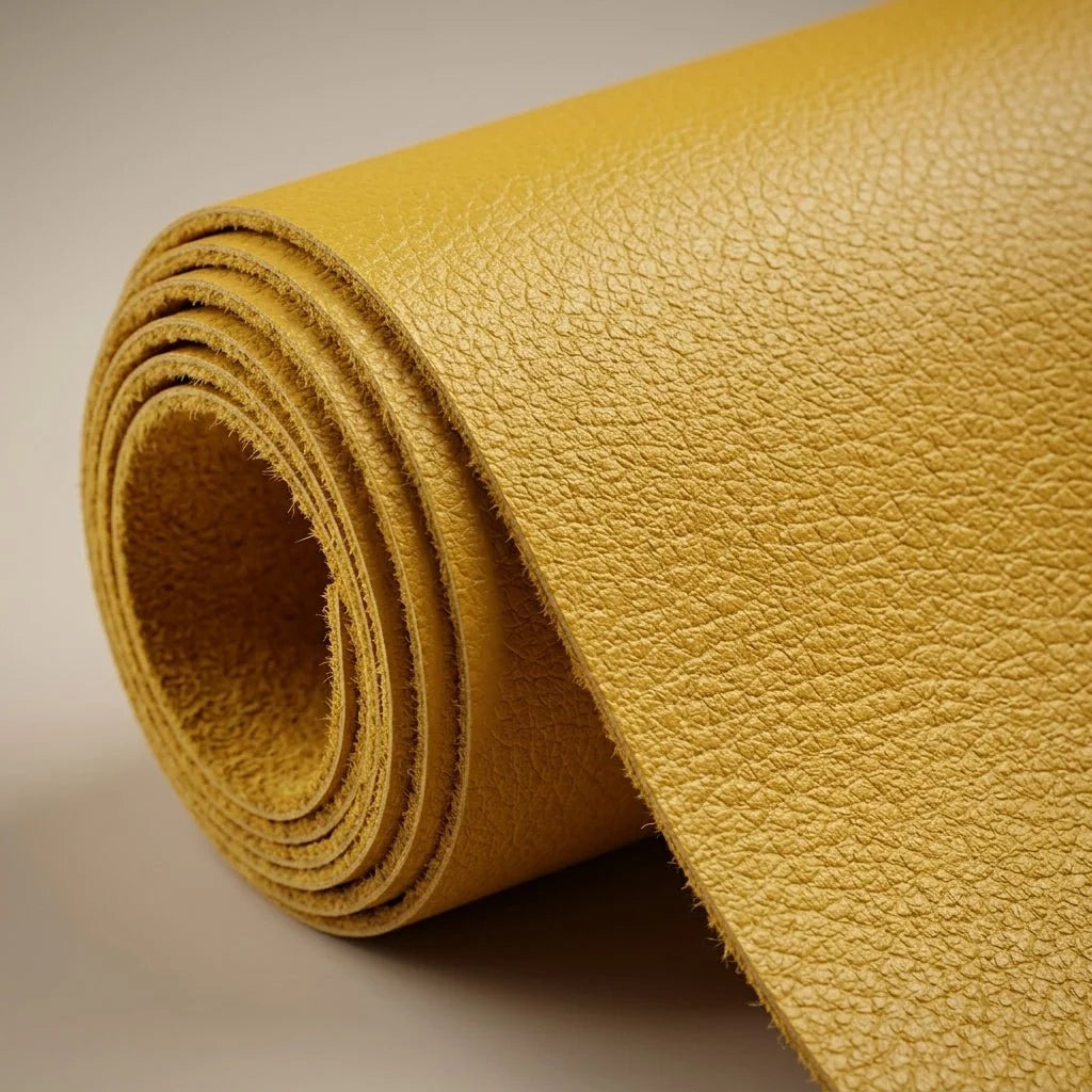 A roll of mustard yellow self-adhesive leather repair patch material with a textured grain finish.