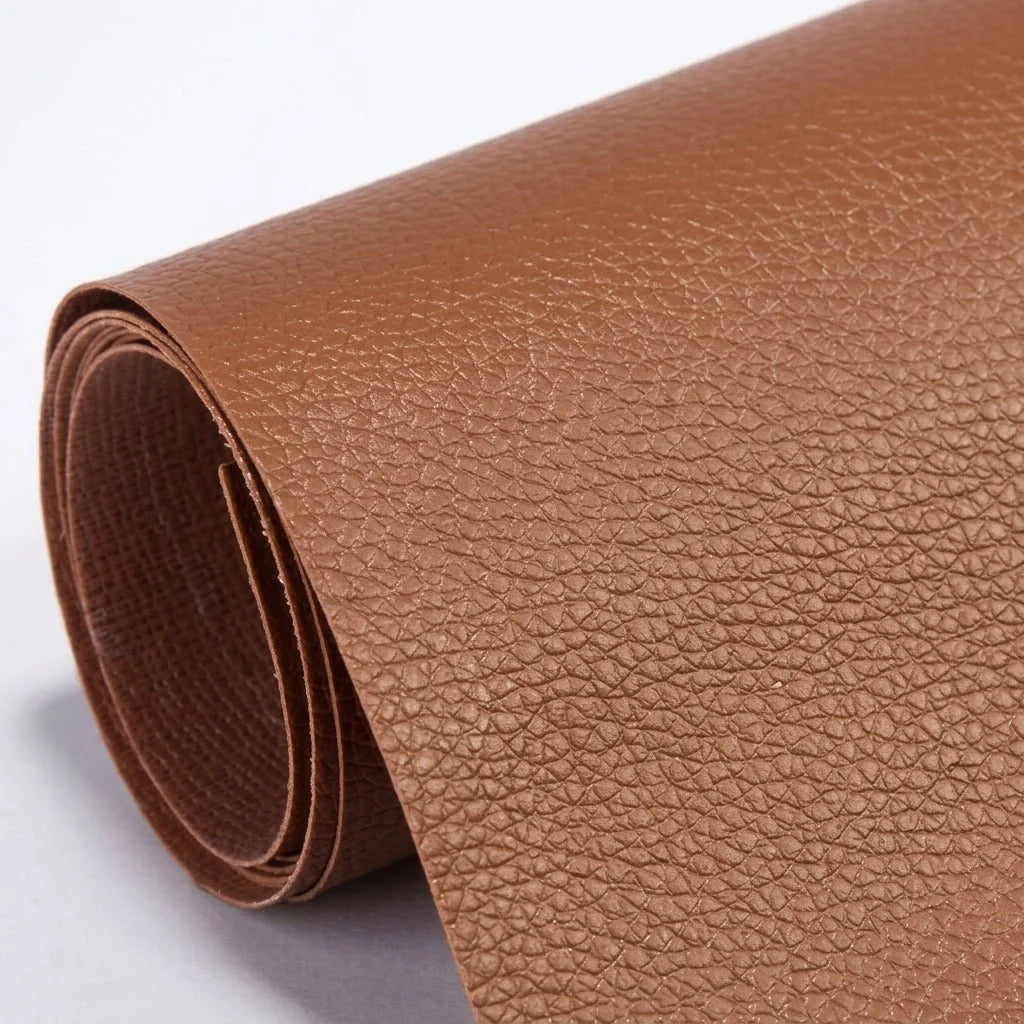 A roll of textured, tan-coloured self-adhesive leather repair patch material.