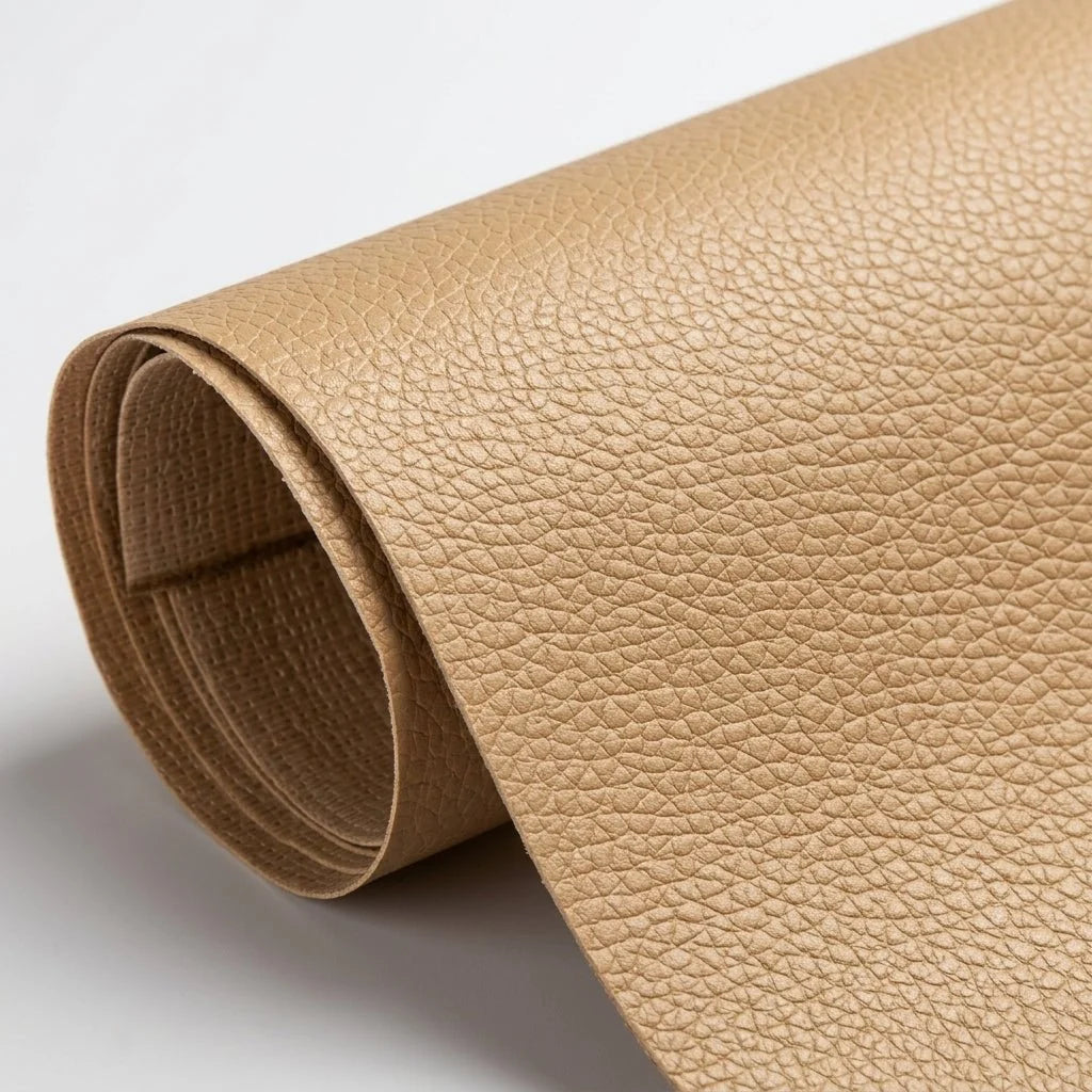 A roll of beige, textured self-adhesive leather repair patch material for furniture and car seats.