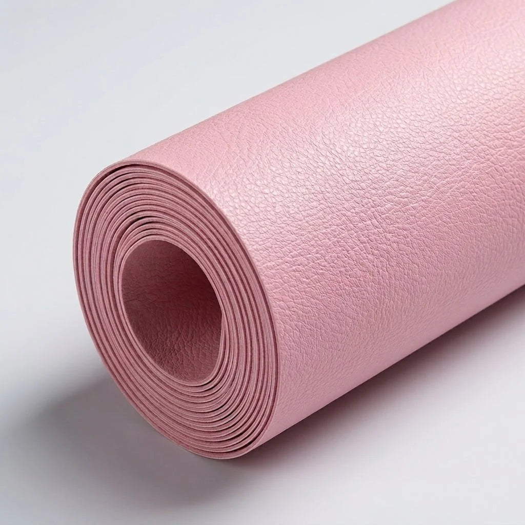 A roll of light pink, textured self-adhesive leather repair patch material on a plain white background.