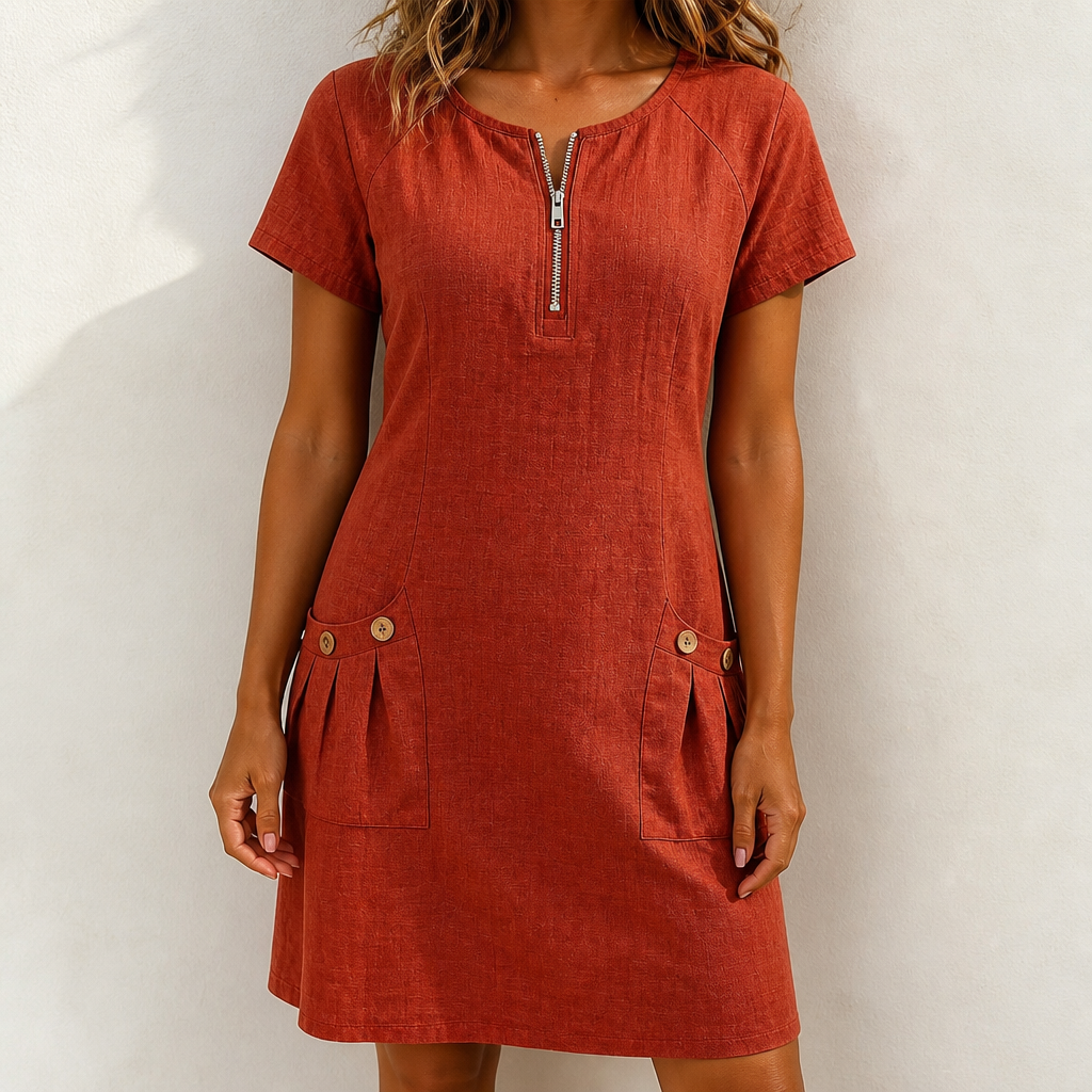 Linen A-Line Mini Summer Dress – Zip Neck and Short Sleeves