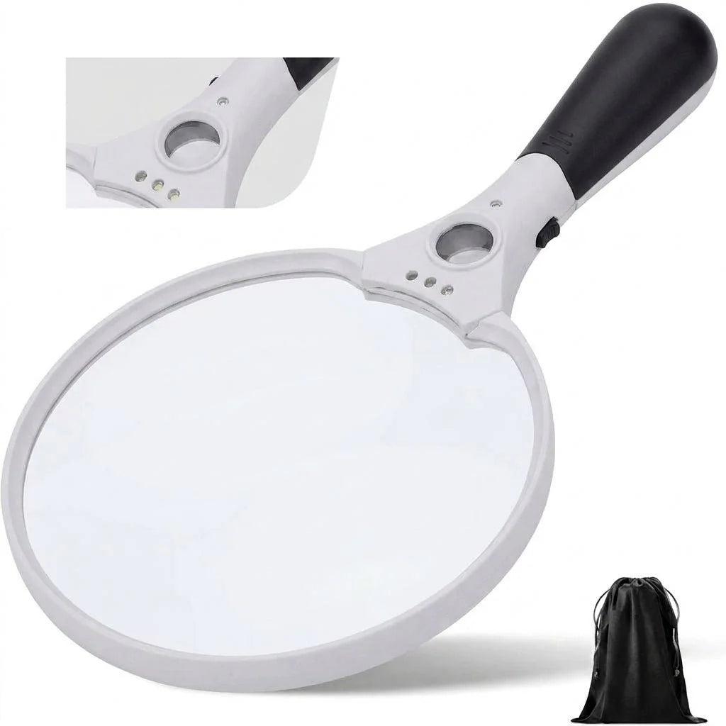 A white handheld magnifying glass with an integrated light, featuring a black handle and a small black storage pouch.