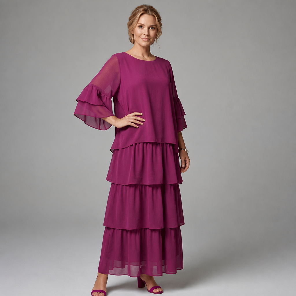 Maxi Dress with Wide Sleeves – Tiered Chiffon for Summer and Formal Events