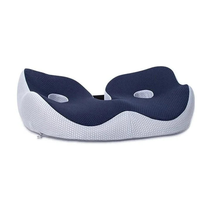 A contoured blue and grey memory foam seat cushion designed for ergonomic support and pressure relief.