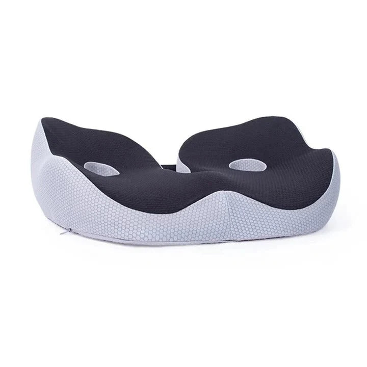 A black and grey ergonomic memory foam seat cushion with a contoured design for pressure relief on a white background.