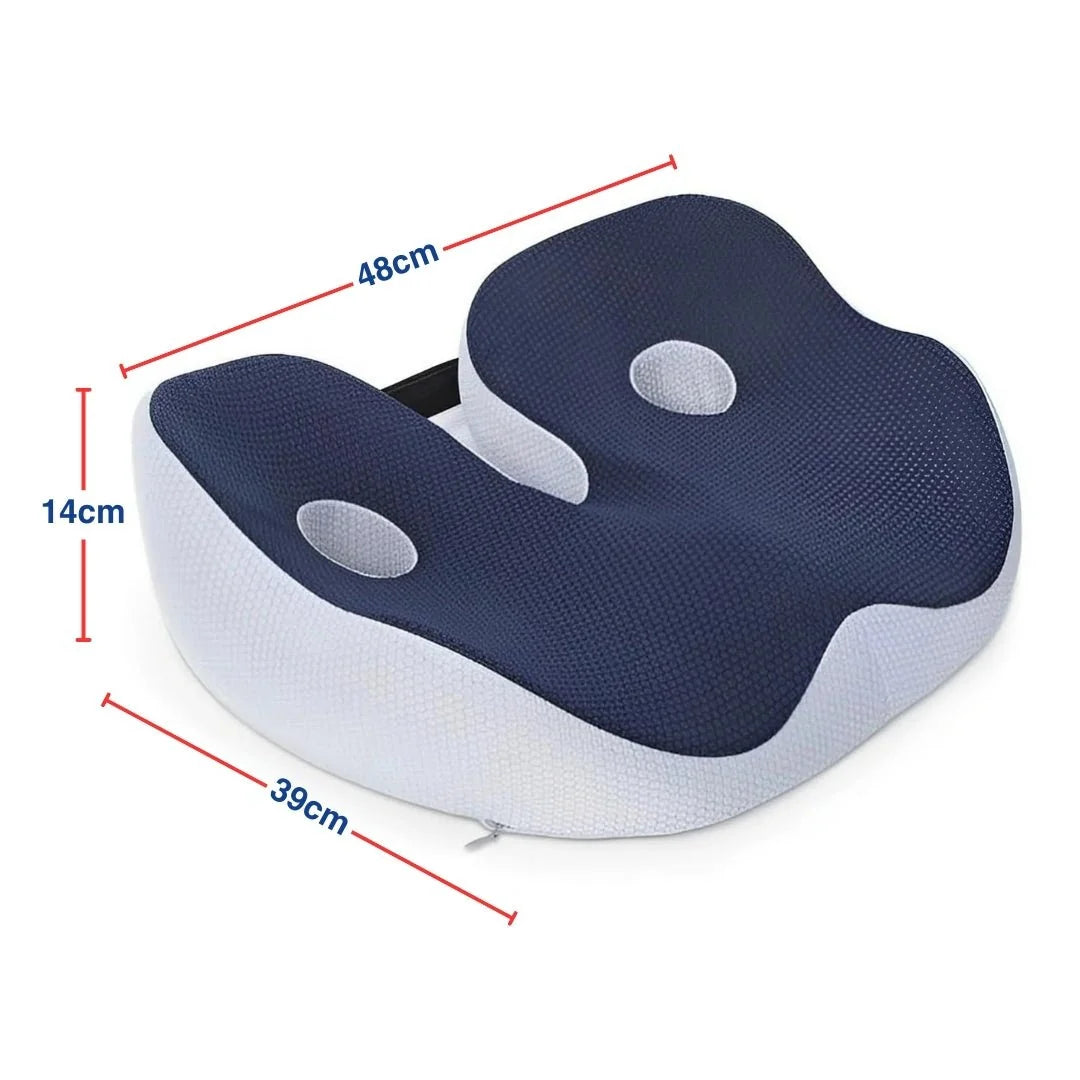 A navy blue and white ergonomic memory foam seat cushion with dimensions of 48cm by 39cm and a height of 14cm.
