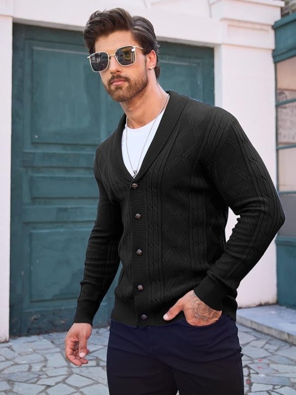 Men's Cable Knit Cardigan – Shawl Collar V-Neck Sweater for Smart-Casual Wear 3