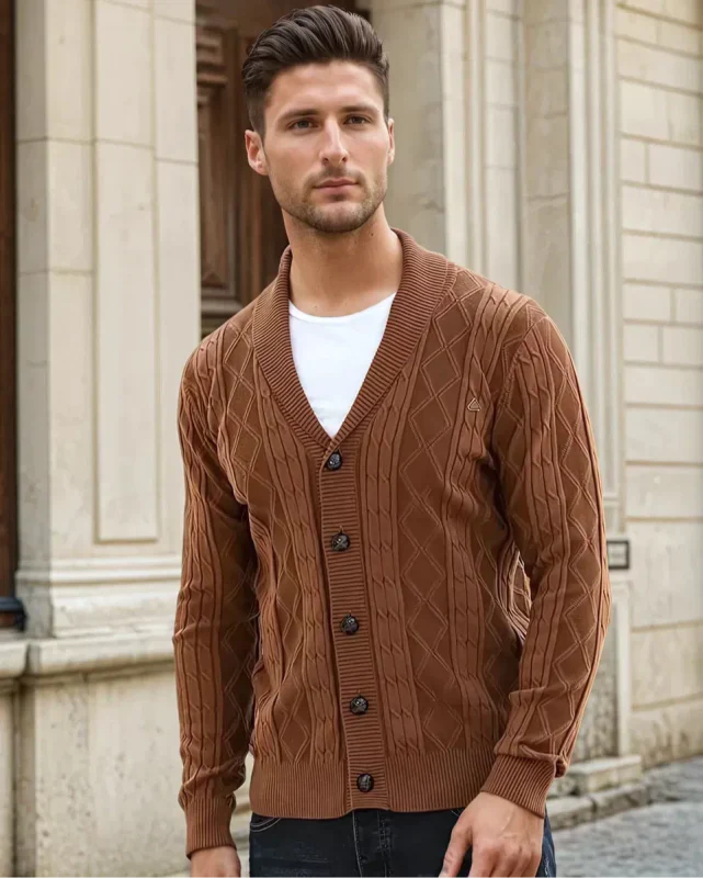 Men's Cable Knit Cardigan – Shawl Collar V-Neck Sweater for Smart-Casual Wear 6